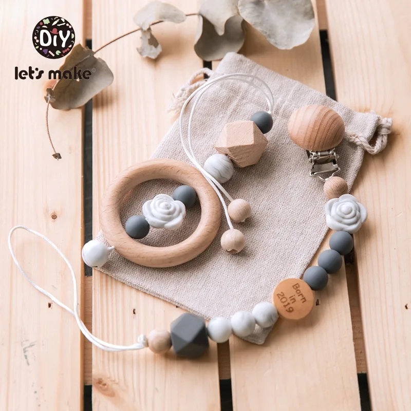 

Let's Make Pacifier Clip Wooden Teether Wood Ring Born In 2019 Rose Bell Gift Box PVC Free Musical Baby Rattle Silicone Beads