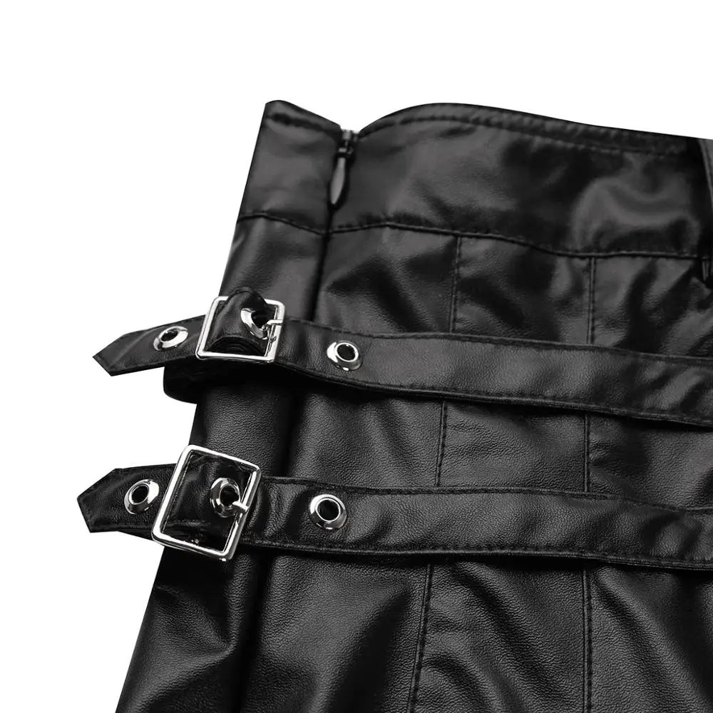 Vintage Black Mens Faux Leather Gladiator Pleated Split Wrap Style Utility Kilt 