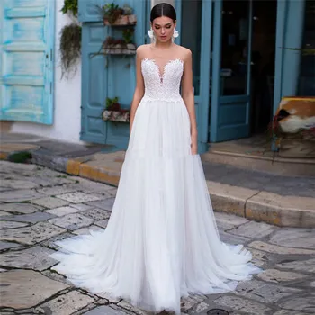 

Sheer Cap Shoulder A-Line Tulle Wedding Dress Lace Appliques Top Long Bridal Gowns Spring Robe De Mariage Bride Dress
