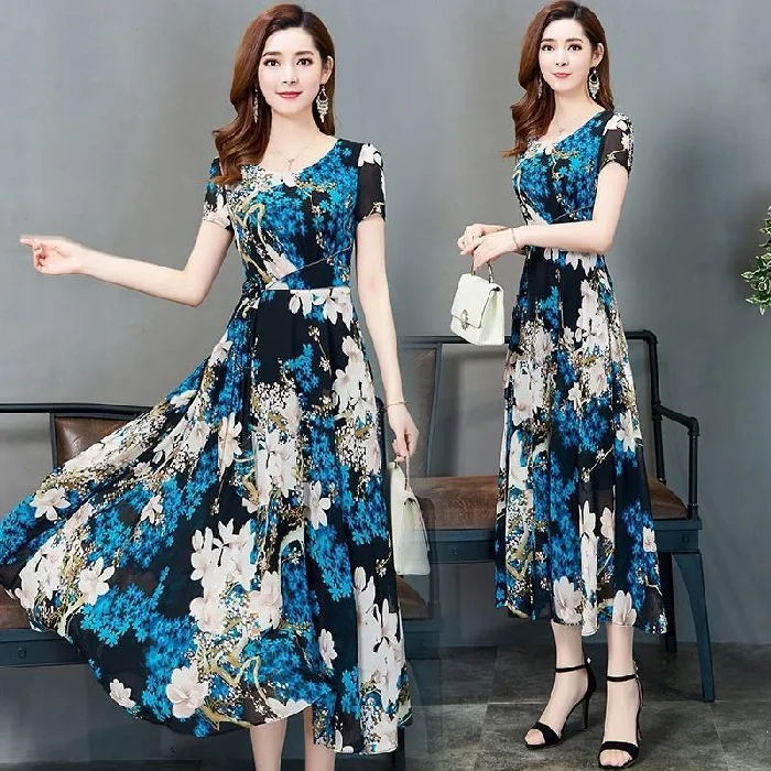 

Short-sleeve Dress Women's 2020 Summer New Style Korean-style Floral Printed Crew Neck Elegant Immortal Slimming Medium-length S