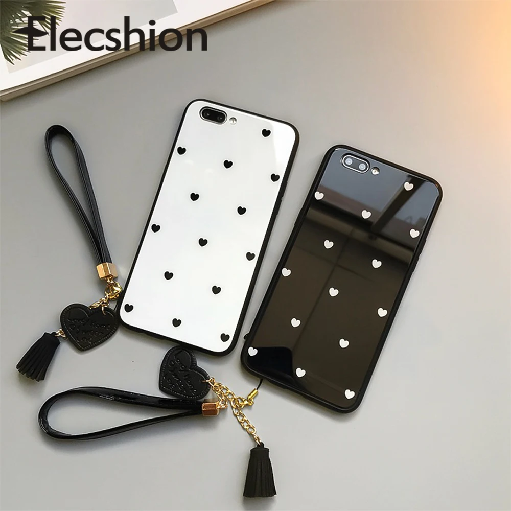 

Luxury Tempered Glass Case For Redmi Note 4 4X 5 6 7 8 pro Tassel Lanyard Love Heart Cover For Redmi 7 8 Bumper Shockproof Funda