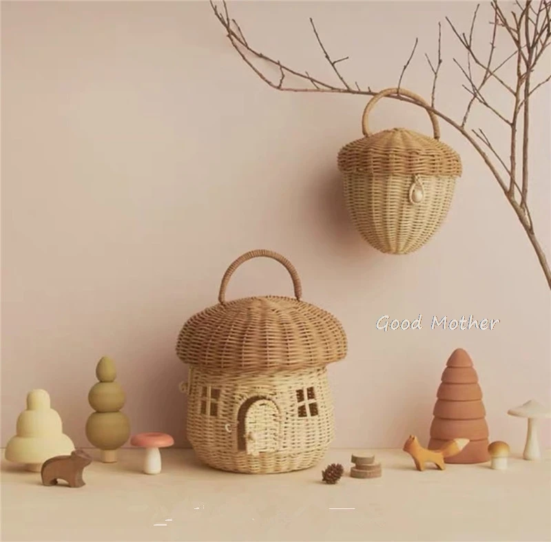 nordic-children-bag-small-house-handbag-children-mushroom-rattan-bag-small-basket-25x25cm