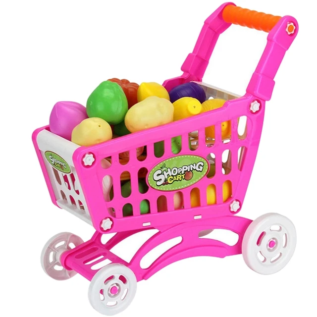 US $10.50 1Set Kids Simulation Supermarket Shopping Cart Mini Trolley With Fruit Vegetable