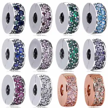 

New 925 Sterling Silver Bead Charm Multicolor Mosaic Shining Elegance Clip Stopper Beads Fit Bracelet Bangle Diy Jewelry