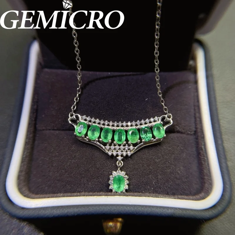 

Gemicro Fine Jewelry Natural Attractive Emerald Necklace with Gemstone of 3X4mm and S925 Sterling Silver as Daily and Party Wear