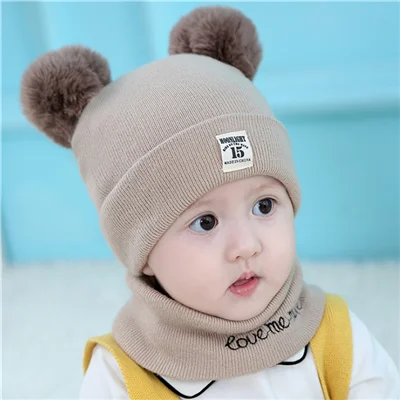 Khaki suit Детские шапочки унисекс, шапка, комплект для маленьких детей, одноцветная полосатая шапка и шарф, зимний теплый костюм, комплект для мальчиков и девочек, малышей, студентов - Цвет: Khaki suit