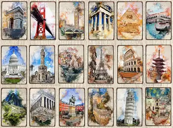 

Famous Sights Of The City Metal Tin Sign Travel Souvenir Shabby Iron Painting Poster Wall Art Bar Restaurant Cafe Home Decor