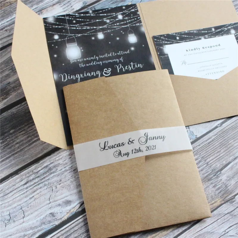 Ретро Ремесло Свадебные приглашения сделать три раза карман пригласите конверт