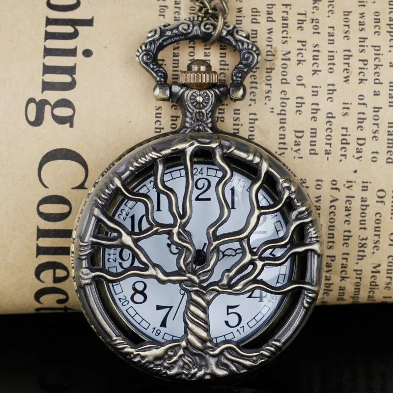 Vintage Unisex Bronze Hollow Tree Design Quartz Pocket Watch With Fob Chain Women Watch Pendant Necklace Chain Men Gift CF1088