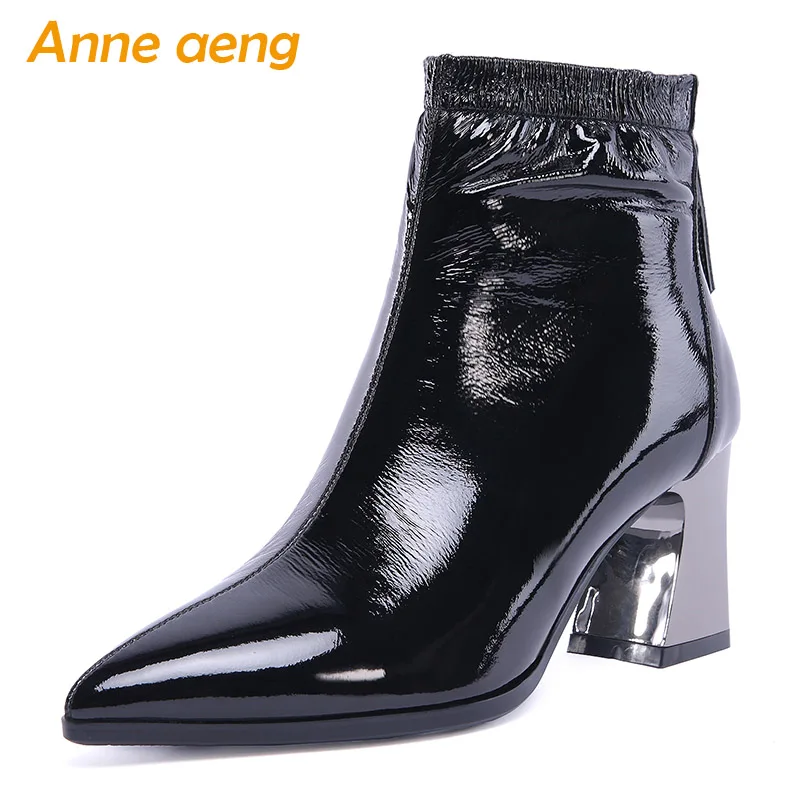 

2019 New Autumn/Winter Genuine Leather Women Ankle Boots High Heel Pointed Toe Zipper Sexy Ladies Women Shoes Black Warm Boots