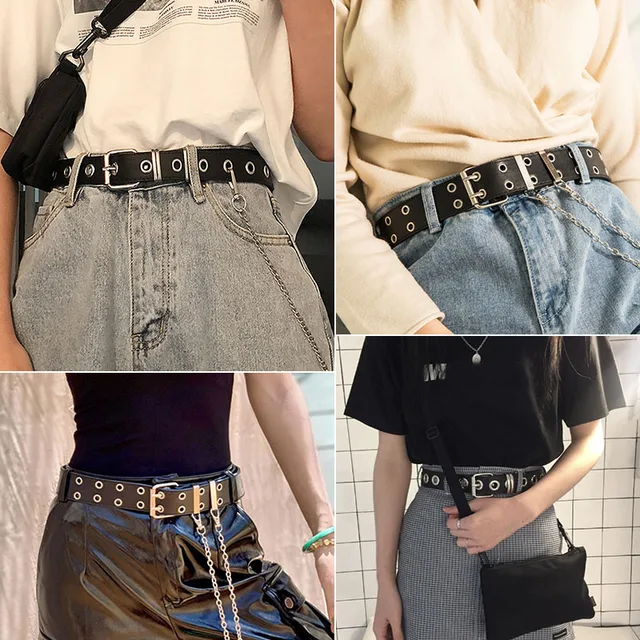 Women Punk Chain Fashion Belt Adjustable Double/Single Row Hole Pin Buckle Waist Belt Jeans Casual Female Decorative Waistband 2