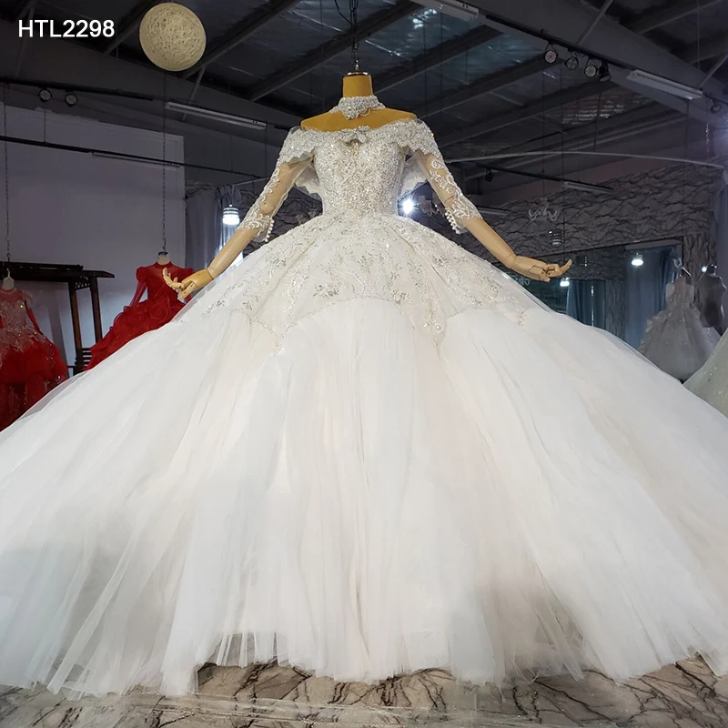 HTL2298 2022 Princess boho wedding dress with pearls crystal bow beach wedding dress with glitters lace vestido de noiva luxo 1