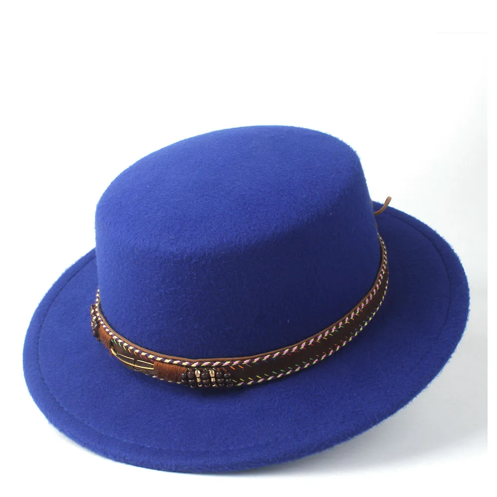 Blue Модная мужская и женская гладкая шляпа Танцевальная вечеринка Шляпа Fedora для джентльмена шерсть фетровый, Джазовый размер шляпы 56-58 см - Цвет: Blue