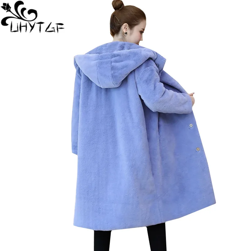 UHYTGF 4XL, куртка оверсайз, женская, качественная, имитация норки, зимнее шерстяное пальто с капюшоном, толстая, защита от холода, Теплые Куртки из натуральной кожи 975