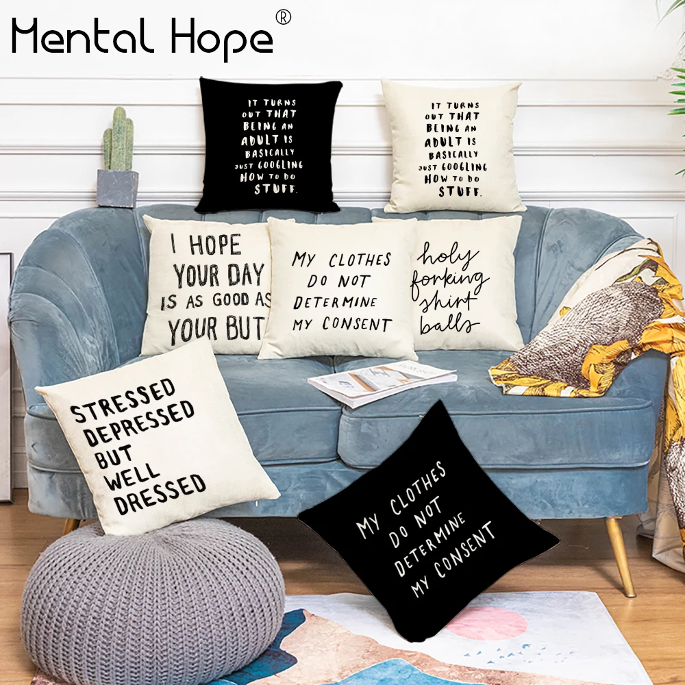 Black Letter Words Print Decorative Sofa Cushion Cover Linen Cotton