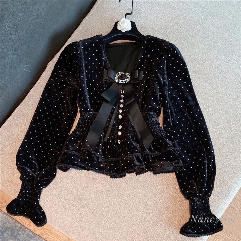 Winter Velour Blouse Women New Elegant Bow V-neck