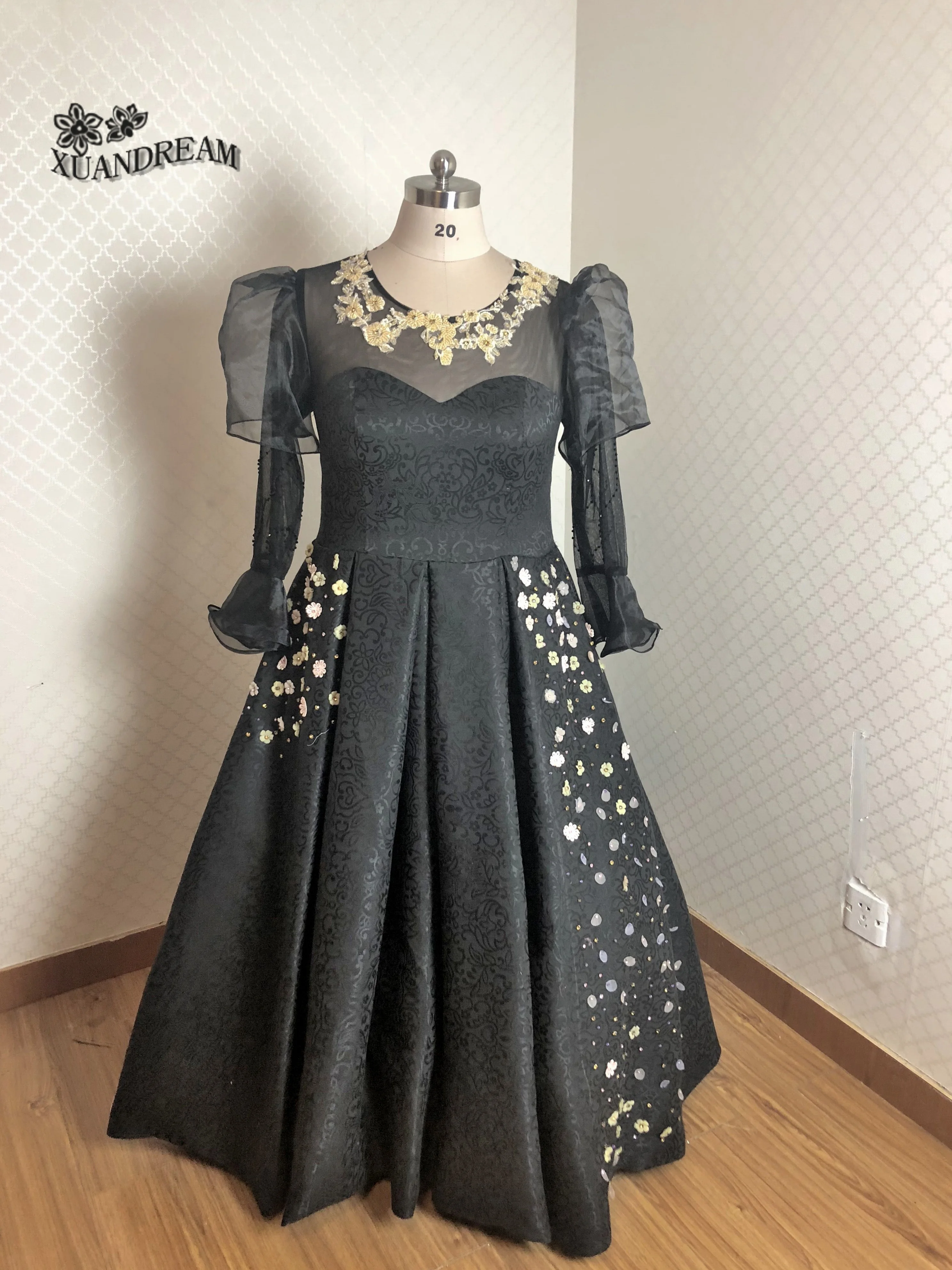 Плюс размер элегантное женское платье с цветочным принтом trajes de noche de gala с длинными рукавами черные Выпускные платья Сделано в Китае XD-137