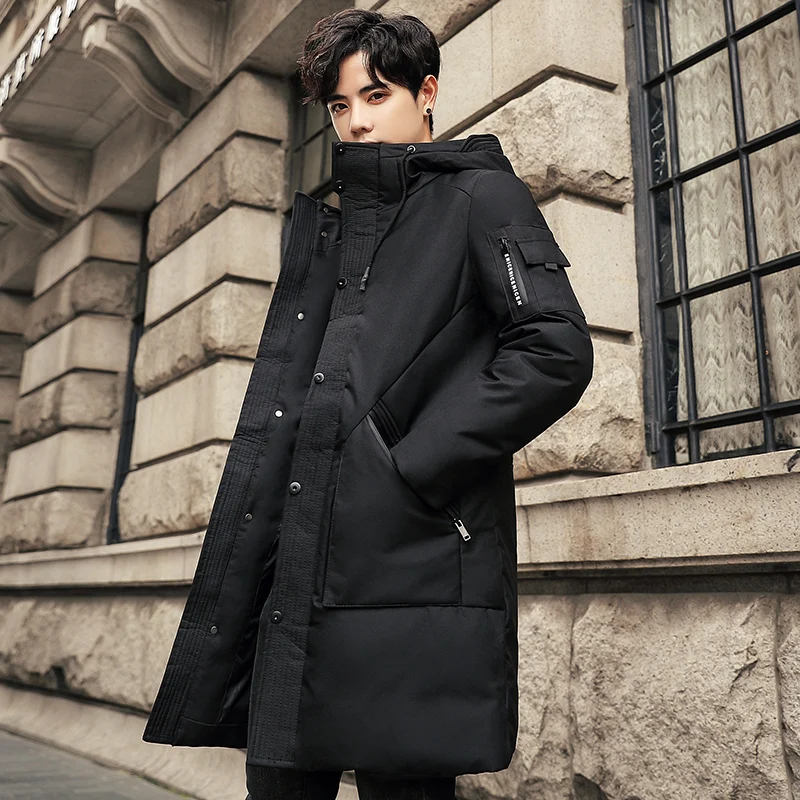 Зимний длинный пуховик с капюшоном, большие размеры, толстая высококачественная повседневная модная длинная парка, зимнее пальто, Мужская брендовая одежда - Цвет: Черный