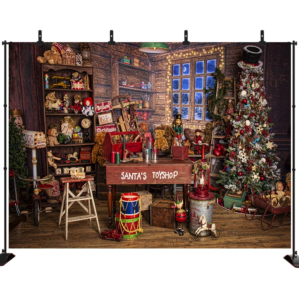 

Merry Christmas Photography Backdrop Santaâ€˜s Toy Shop Wooden House Vinyl Background for Party Photo Studio Prop