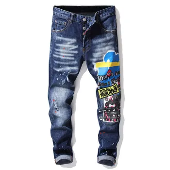 

European American Style famous brand Men's slim jeans patchwork straight zipper jeans pants blue punk style brand jeans for men