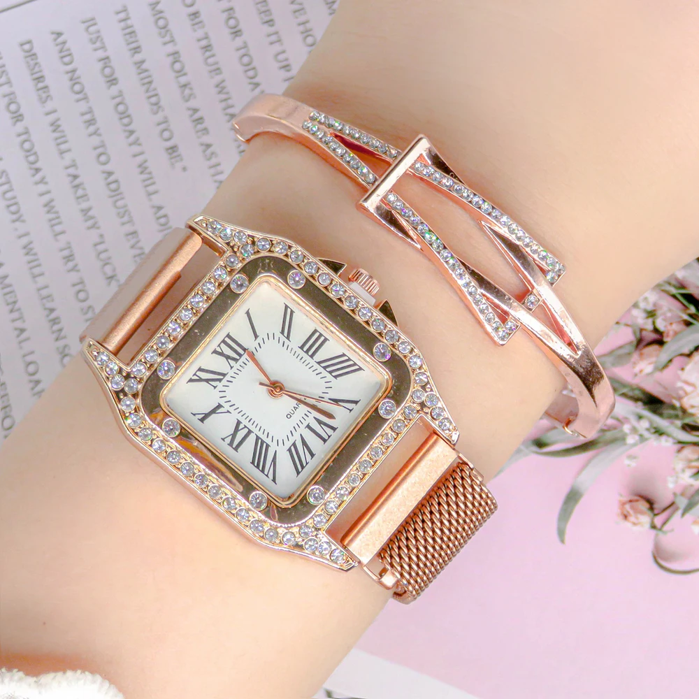 Luxury Square Magnetic Belt Quartz Watches For Women Rose Gold Bracelet Watches Wristwatches Elegant Clock Montre Reloj Mujer