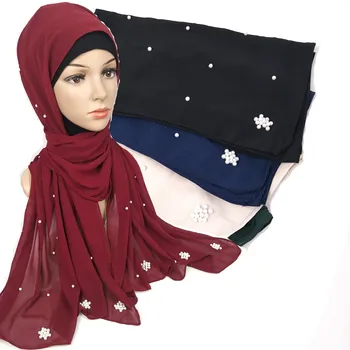 

2020 Soft Plain Bubble Chiffon Beading Scarf Hijab Women Muslim Headband Shawl Lady Wraps Solid Foulard Pashmina Scarves