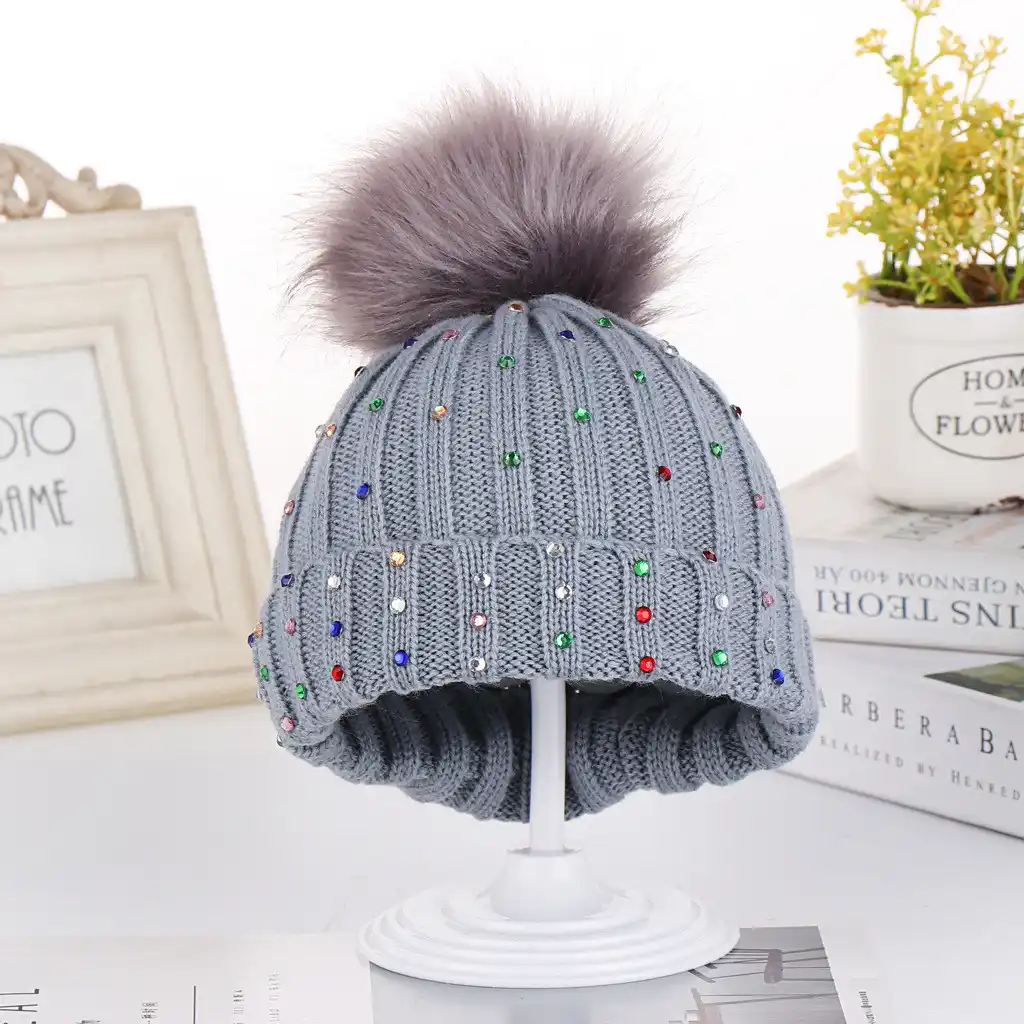 Toddler Kids Baby Knitting Wool Hemming Hat Rhinestone Winter Hairball Cap Hat Baby Fashion Research Unir Net