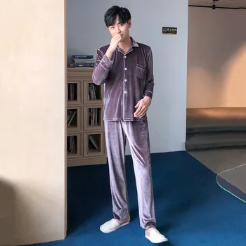 

Sleepwear Male Velvet 2PCS Shirt&Pants Pajamas Suit Autumn New Velour Lovers Nightwear Intimate Lingerie Plus Size 3XL 4XL 5XL