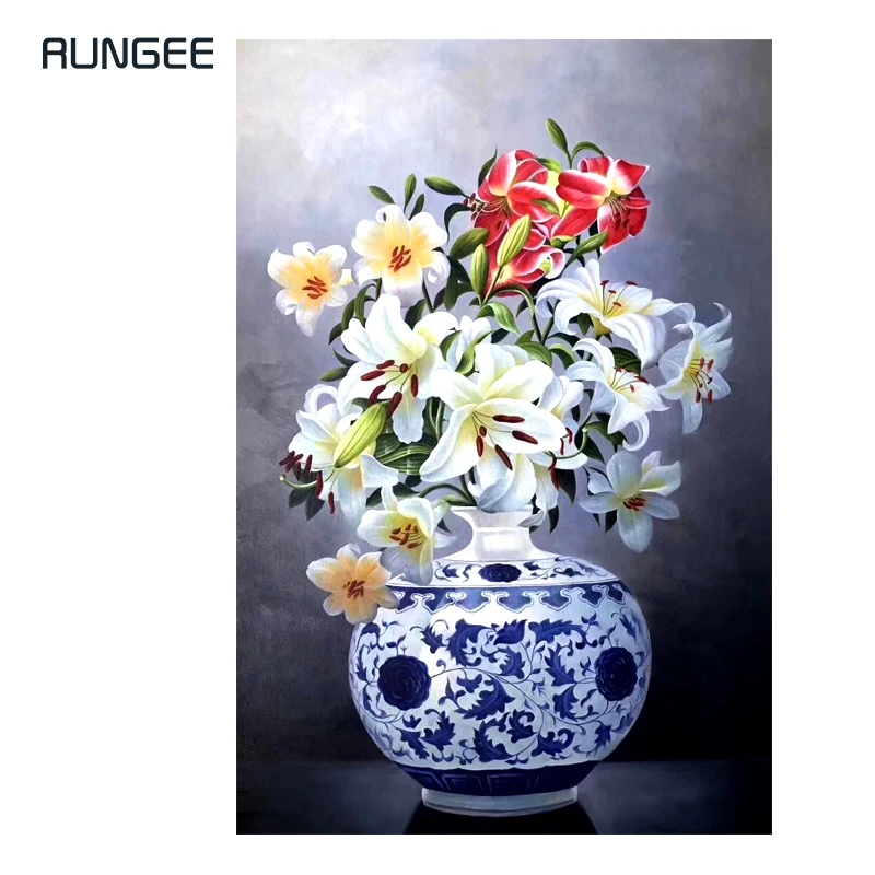 

KOWELL 100% Handpainted Classic Porcelain Lily Oil Painting On Canvas Art Gift Home Decor Living Room Wall Art Frameless Picture