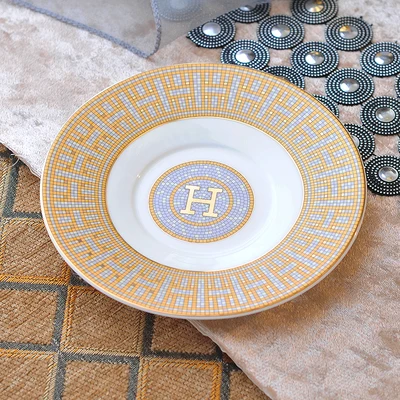 6inch plate Фарфоровые плоские тарелки из костяного фарфора "H" mark мозаика дизайн контур в золотом круглой форме стейк тарелка украшение свадебные подарки - Цвет: 6inch plate