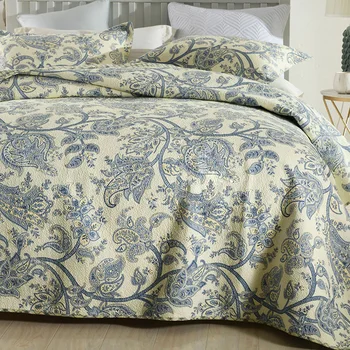 

Quality Bedspread Beige Print Quilt Set 3PCS Cotton Quilts Bed Cover Sheets Pillowcase AB-Side King Queen Size Quilted Coverlet