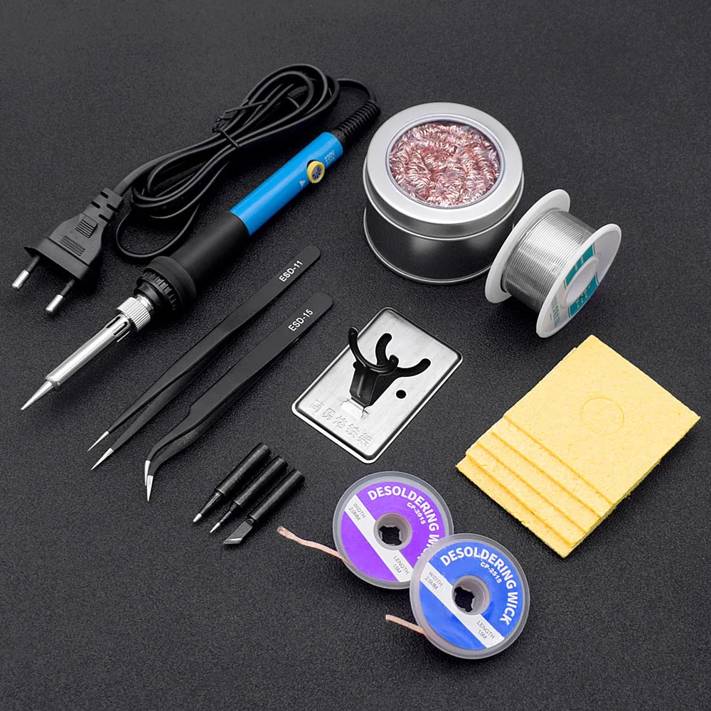 1 Set Adjustable Temperature Electric Soldering Iron Handle 60W Welding Solder Station Kit Blue Rework Heat Tips Repair Tool soldering stations Welding Equipment