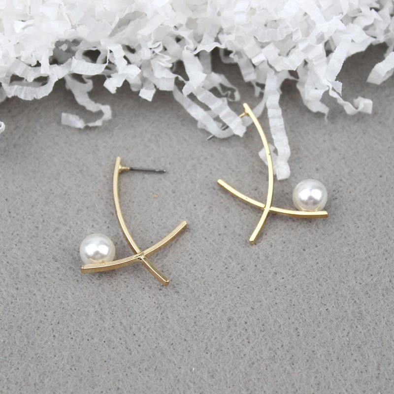 SRCOI Золотой металлический крест искусственный жемчуг серьги-гвоздики серьги новые элегантные милые геометрические х Форма Серьги для женщин вечерние ювелирные изделия