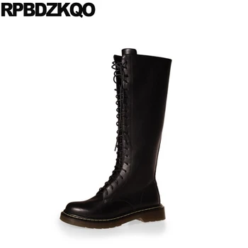 

warm shoes brand women winter boots genuine leather luxury black lace up equestrian flat riding round toe tall knee high long