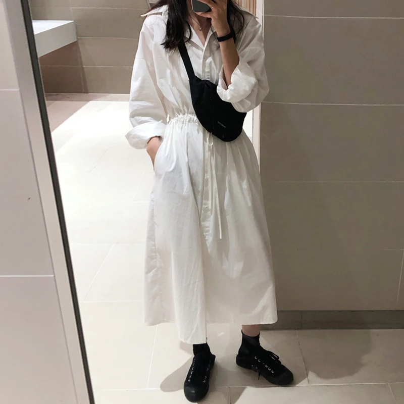 

One Piece Good Lady White Dress a Line Long Sleeve String Belt Long Dress Robe Longue Vestido Largo Vestiti Lunga