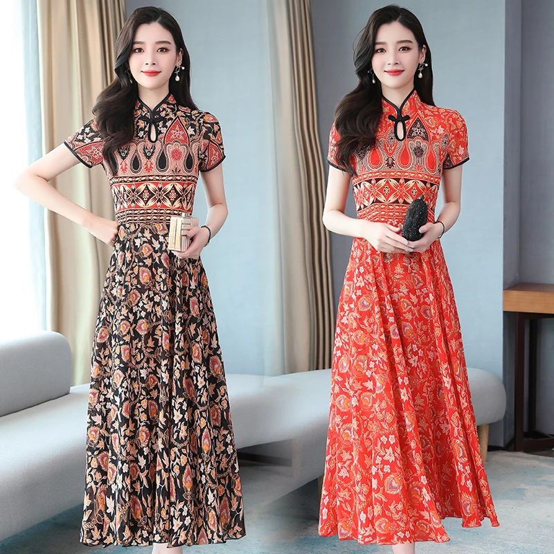 Женское платье Ципао лето 2020 новое шелковое цветочное ретро с коротким рукавом