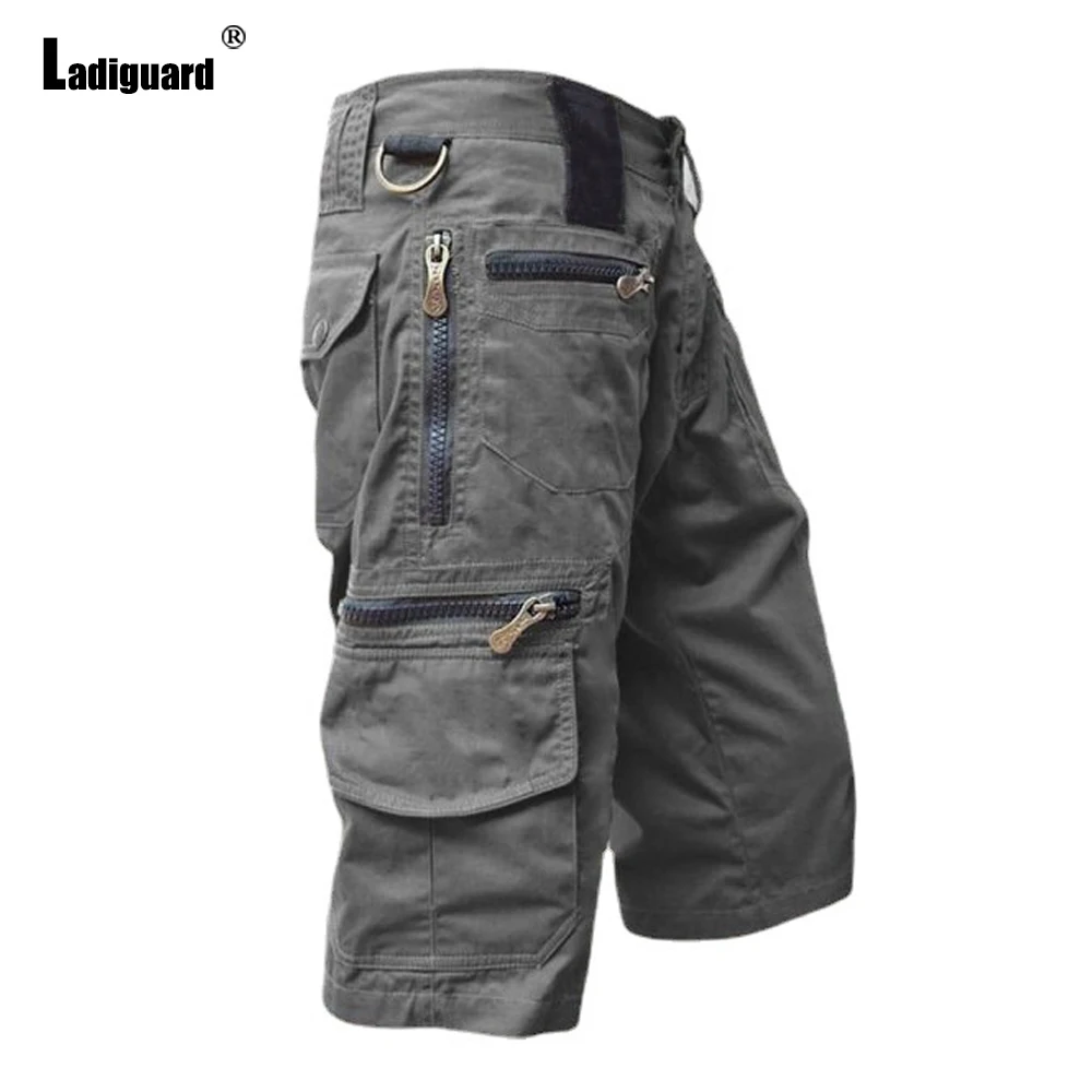 Plus Size Men Cargo Pants 2021 New European Style Shorts Gray Khaki Half with Pockets Male Outdoor Casual Skinny Trousers | Мужская
