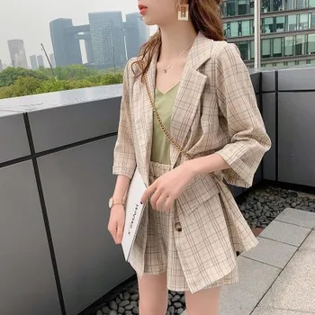 

FMFSSOM 2020 Spring Summer Office Laidies 2 Pieces Short Suits Plaid Elastic Waist Thin Chic Cool Quarter Sleeve Women Female
