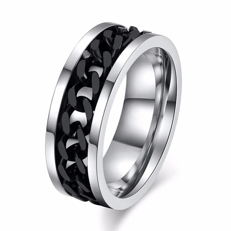 Stainless Steel Men's 316L 8 MM Black Chain Spinner Wedding Band Ring Size 8-14 