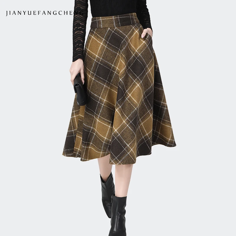 

Fashion Brown Plaid Woolen Skirt Women Winter High Waist A-Line Skirts With Pockets Plus Size Vintage Casual Ladies Bottoms