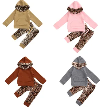 

2020 Fall Winter Toddler Baby Girl Boy Clothes 0-24M Infant Baby Boy Girl Hooded Long Sleeve Sweatshirt Tops+Leopard Print Pants