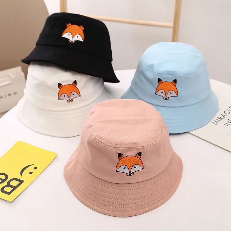 

New Cartoon Bucket Hat Fox Embroidered Fisherman Hat Summer Beach Cap Outdoor Children's Sun Protection Hat Unisex Panama Cap