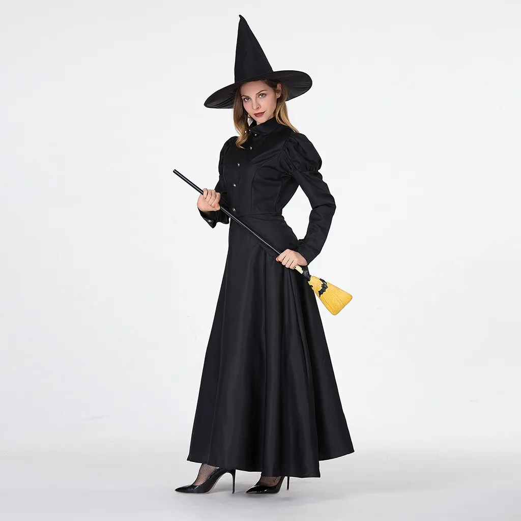 Женское Макси-Платье на Хэллоуин, новинка года, зимнее модное однотонное платье ведьмы для костюмированной вечеринки, платье с длинными рукавами+ шляпа, комплект одежды, костюм FC
