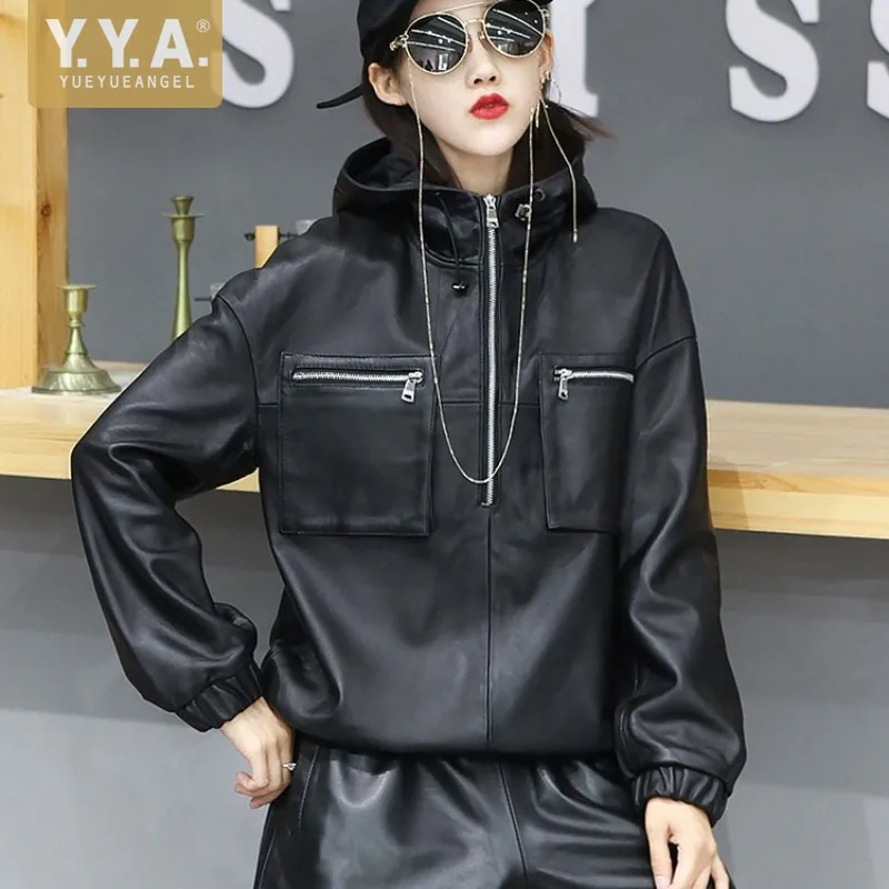 

Real Leather Casual Hooded Jacket Women Street 100% Sheepskin Hip Hop Zipper Short Coat Autumn Winter New Loose Black Outerwear