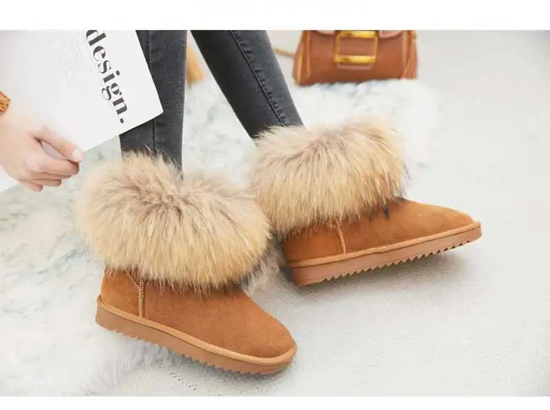 Модные женские зимние ботинки с натуральным мехом енота; теплые зимние женские ботильоны из натуральной кожи без застежки; VS1020