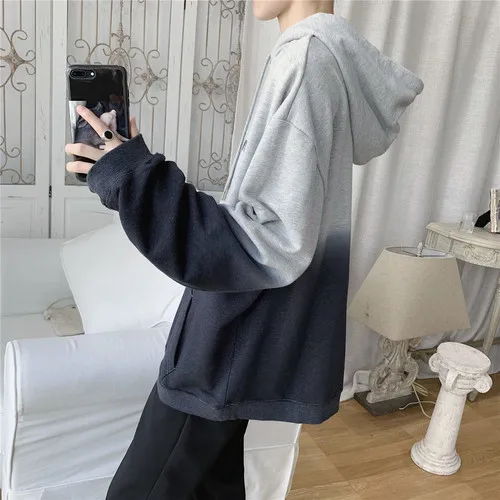 Liketkit, мужские Новые повседневные толстовки,, мужские одноцветные Большие размеры, градиент, уличная одежда, мужские свободные осенние толстовки с длинным рукавом в стиле хип-хоп - Цвет: Серый