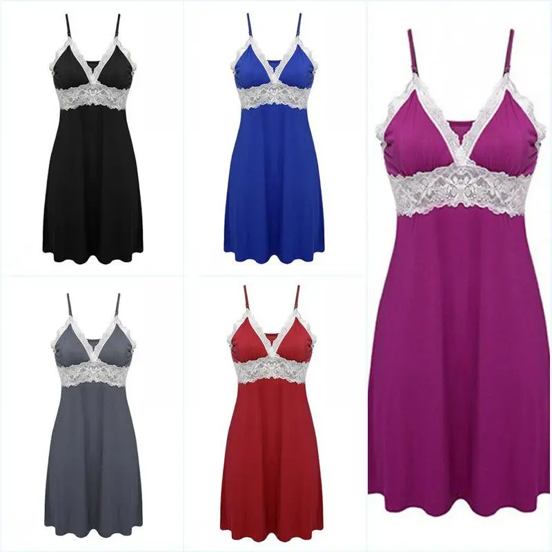 

women Sexy Sling Lace Nightgowns Women's Summer Sleepwear Faux Silk V-Neck sleeveless Night dress lady solid sexy nightwear