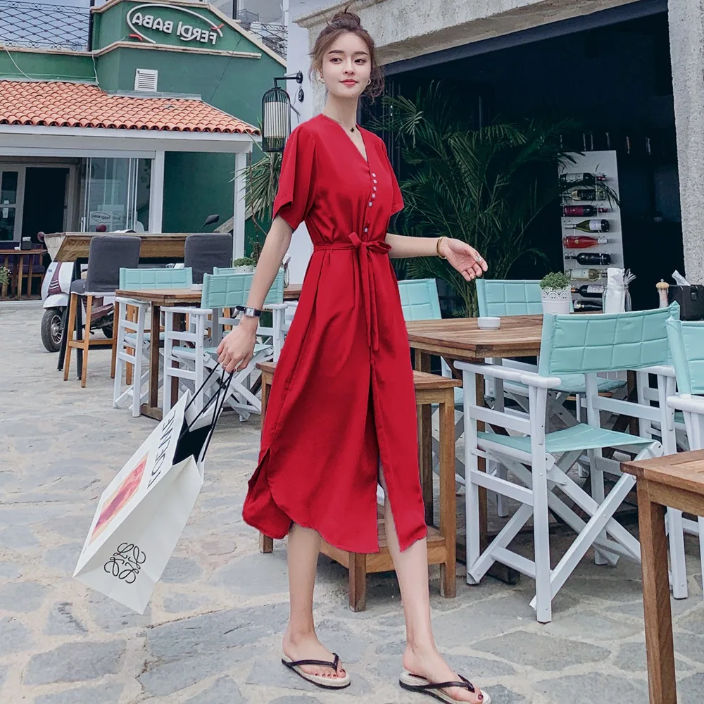 

France Non-mainstream Shirt Dress 2019 Summer New Style INS WOMEN'S Dress Retro CHIC-Style V-neck Waist Hugging Slimming Dress