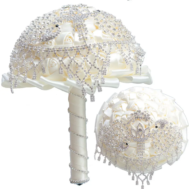 WifeLai-A High Quality Ivory Silk Rose Wedding Bouquet Bride Diamond Holding Flowers Artificial Flower Bridesmaid Bouquet W2031