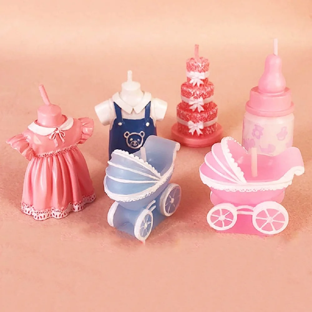 

Pink Blue Skirt Cart Bottle Stroller Shape Cake Topper Cute Candle Baby Shower Happy Birthday Baking Party Decoration Supplies